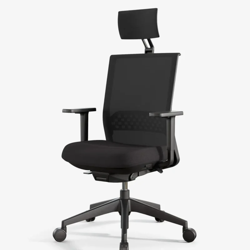 Silla de oficina Stay de malla negra con cabecero y base de poliamida negra